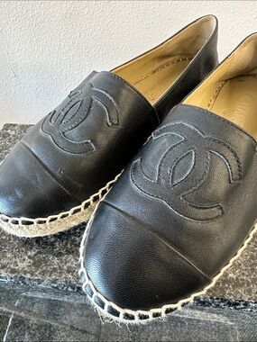 Chanel Black Leather Espadrille Flats designer shoes